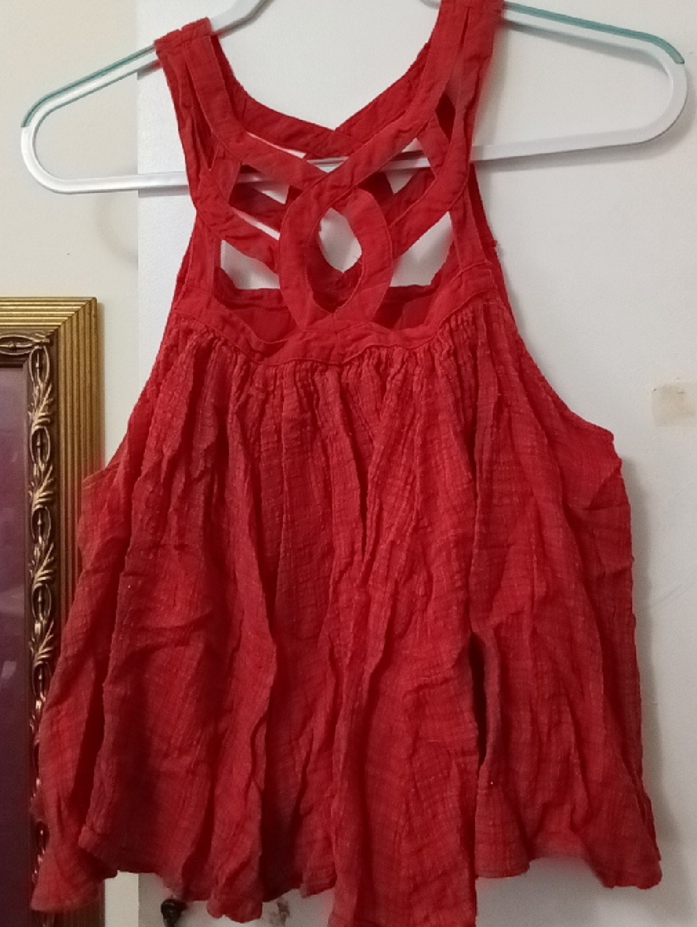 FREE PEOPLE Red Crinkle Halter Tank Top with Lattice Back